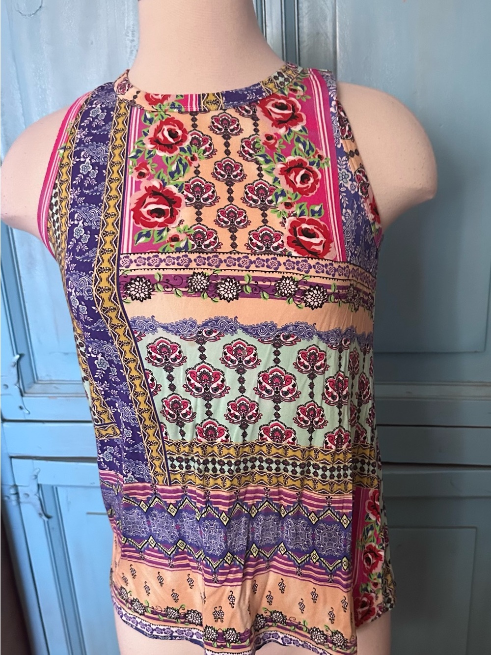 Johnny Was Peach Multicolor Floral Patchwork Tank